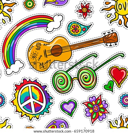 Hippie seamless pattern. Hand drawn symbols of hippy