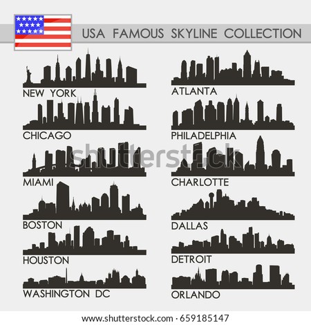 Most Famous USA Cities Skyline City Silhouette Design Collection