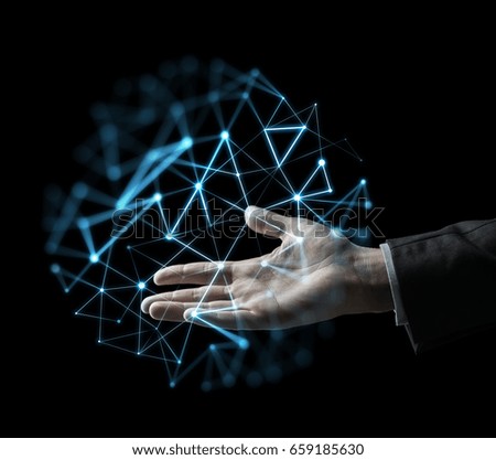 business, people, network and future technology concept - raised businessman hand with low poly projection over black background