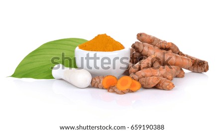 Turmeric roots on white background