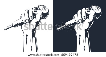 Hand holding a microphone in a fist. vector illustration