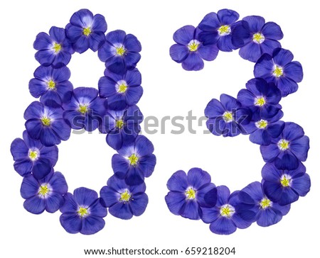 Arabic numeral 83, eighty three, from blue flowers of flax, isolated on white background