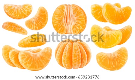 Isolated citrus segments. Collection of tangerine, orange and other citrus fruits peeled segments isolated on white background with clipping path Royalty-Free Stock Photo #659231776