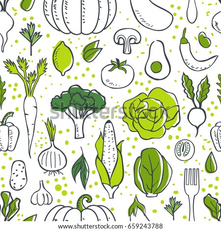 Farm fresh vegetables seamless pattern. Sketch style vector illustration. Royalty-Free Stock Photo #659243788