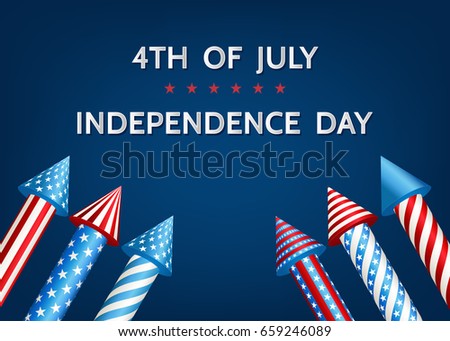 4th of July,  USA    Independence  Day background  with pyrotechnic  firework  rockets  in  American  national  flag  colors. Vector  template  for  sale banner, ad,  flyer, party invitation  design.