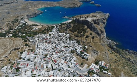 Aerial View Greece Rhodes Lindos Area with Ocean Boats and Tourist Areas 