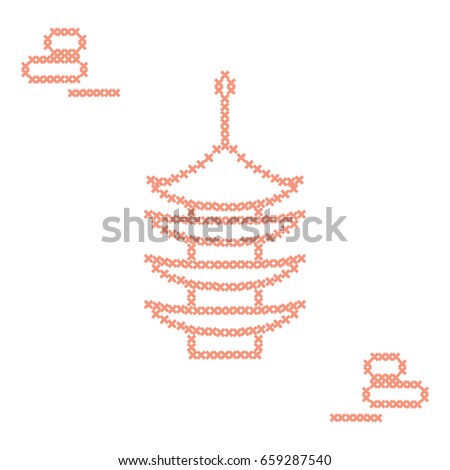 Cute vector illustration cross embroidery of pagoda and rocks for japanese rock garden. Design for banner, poster or print.