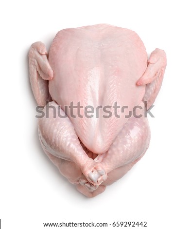 Top view of fresh raw chicken isolated on white Royalty-Free Stock Photo #659292442