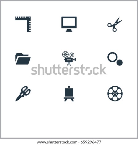 Vector Illustration Set Of Simple Icon Icons. Elements Cinematography, Crafts Shears, Cut And Other Synonyms Documents, Camera And Retro.