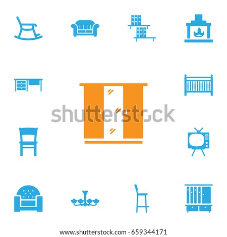 Set Of 13 Set Icons Set.Collection Of Bookcase, Rocking Furniture, Stool And Other Elements.