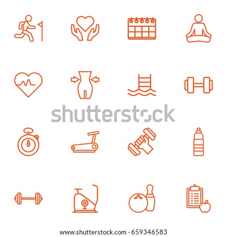 Set Of 16 Fitness Outline Icons Set.Collection Of Pulse, Barbell, Exercise Bike And Other Elements.