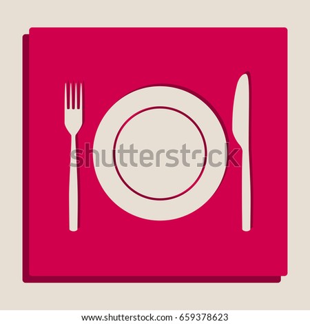 Fork, Knife and Plate sign. Vector. Grayscale version of Popart-style icon.