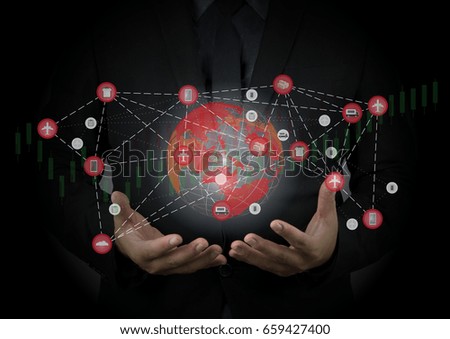 Business Male hand hold Logistics and transportation Global business connection technology interface global partner connection ,Business Logistics concept