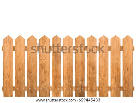 Brown wooden fence isolated on white background with parallel plank old. Object with clipping path Royalty-Free Stock Photo #659445433