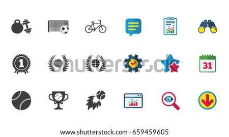 Sport games, fitness icons. Football, basketball and tennis signs. Golf, bike and winner medal symbols. Calendar, Report and Download signs. Stars, Service and Search icons. Vector
