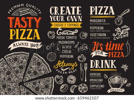 Pizza food menu for restaurant and cafe. Design template with hand-drawn graphic elements in doodle style.