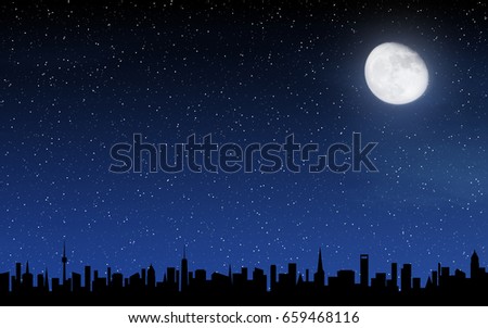 Skyline and deep night sky with many stars and moon