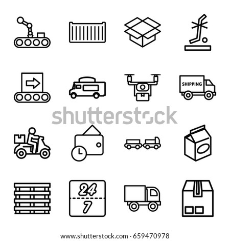 Delivery icons set. set of 16 delivery outline icons such as truck with luggage, van, take away food, cargo box, box, no standing nearby, cargo container, wallet, conveyor