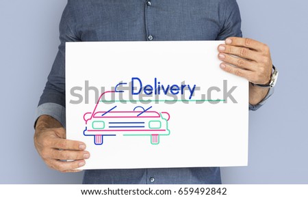 Man holding banner of automotive car rental transportation advertisement