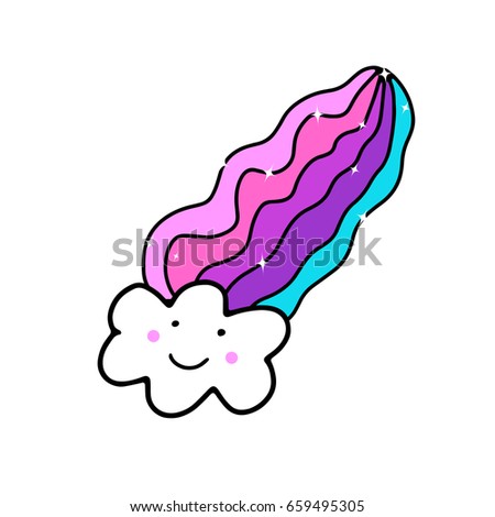 Cute white smiling cloud and bright rainbow. Hand drawing vector illustration design for girls clothing, textile, notepad, notebook and other.