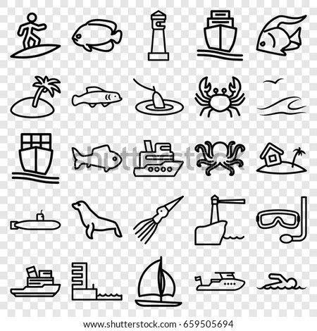 Ocean icons set. set of 25 ocean outline icons such as fish, octopus, crab, seal, lighthouse, boat, cargo ship, harbor, home on island, swimmer, island, aqualung, sea and gull