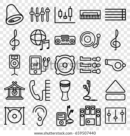 Sound icons set. set of 25 sound outline icons such as gong, mp3 player, ear, treble clef, guitar strings, speaker, loud speaker set, eject button, sliders, record player