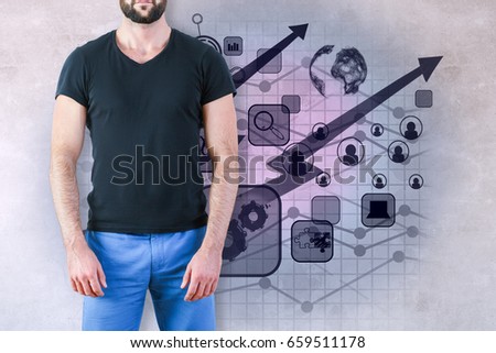 Businessman on concrete background with digital business chart. Networking concept