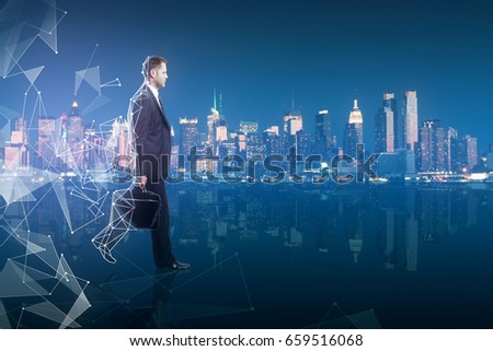 Side view of walking businessman with briefcase and abstract polygonal pattern. City background