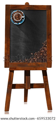 Blackboard with wooden frame on a wooden tripod with roasted coffee beans with a cup and copy space. Isolated on white background
