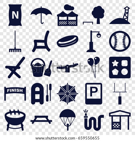 Outdoor icons set. set of 25 outdoor filled icons such as from toy for beach, swing, balloon, rake, water hose, street lamp, outdoor chair, gazebo, bag with ground, umbrella