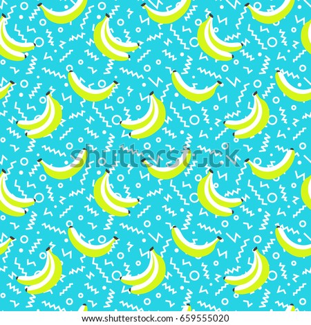 Banana geometric seamless pattern in 80s, 90s style. Modern print on blue background. Wrapping paper, gift card, poster, banner design. Vector illustration