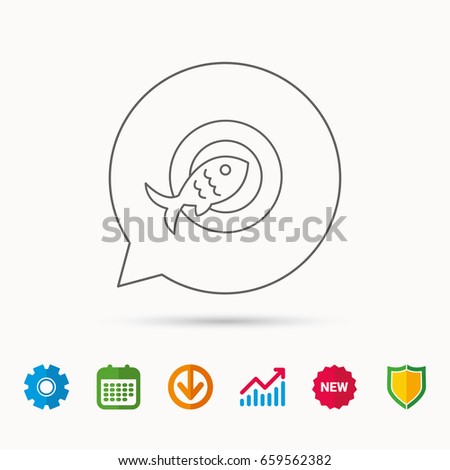 Fish dish icon. Natural seafood symbol. Calendar, Graph chart and Cogwheel signs. Download and Shield web icons. Vector