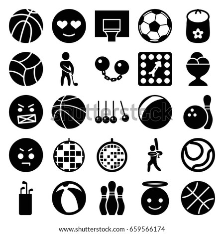 Ball icons set. set of 25 ball filled icons such as baby toy, angry emot, emoji angel, emot in love, ice cream ball, board game, disco ball, baseball player, golf player