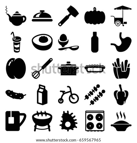 Food icons set. set of 25 food filled icons such as pumpkin, peach, pepper, dish, child bicycle, bottle, teapot, cooker, french fries, cucumber, fast food cart, boiled egg