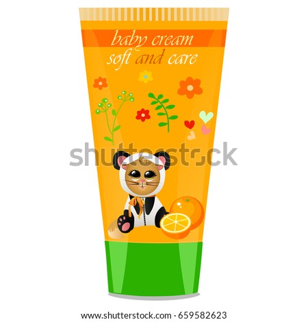 High quality original trendy  Baby cream tube with kids design and cat in panda suit, orange illustration