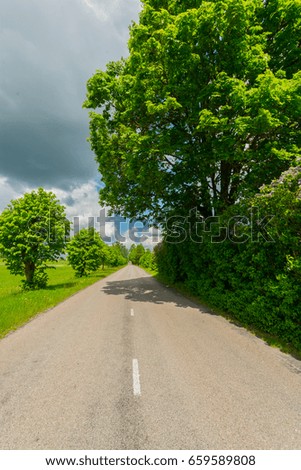 Country road among green fields with massive clouds. Nature landscape.