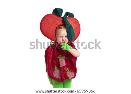 Girl in garden radish costume isolated on a white background