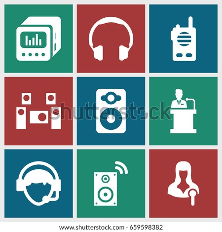Speaker icons set. set of 9 speaker filled icons such as woman speaker, operator, audio system, walkie talkie