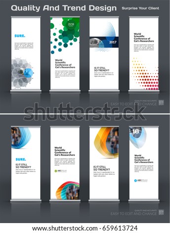 Abstract business vector set of modern roll Up Banner stand design template with colourful rounds, circles, dots for eco, market, exhibition, show, expo, presentation, parade, events.