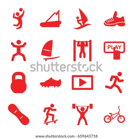 Active icons set. set of 16 active filled icons such as finger pressing play button, treadmill, bar   tightening, squat, barbell, play, volleyball player, snow board