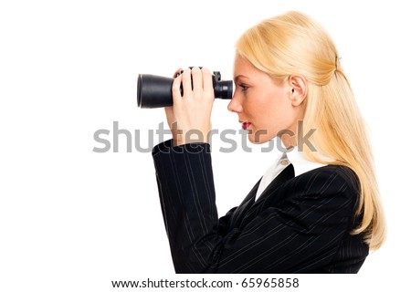 Attractive woman with binoculars - isolated on white