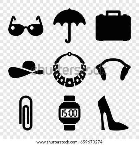 Accessory icons set. set of 9 accessory filled icons such as umbrella, woman shoe, earphones, case, sunglasses, sun hat, wrist dial watch, necklace