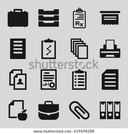 Document icons set. set of 16 document filled icons such as case, resume, paper, paper and apple, clipboard, printer, table box, binder, clip, checklist