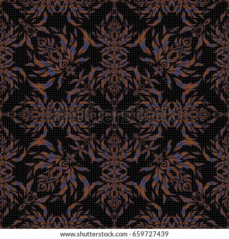 Vector vintage damask ornament. Seamless tiling pattern in violet and brown and black colors.