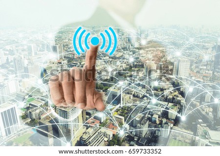 Businessman hand touching digital touch screen,network