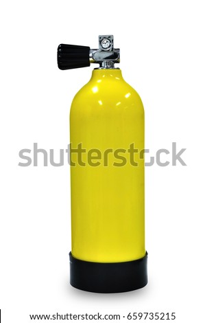 Yellow scuba tank full oxygen sport equipment isolated on white background clipping path included. Royalty-Free Stock Photo #659735215