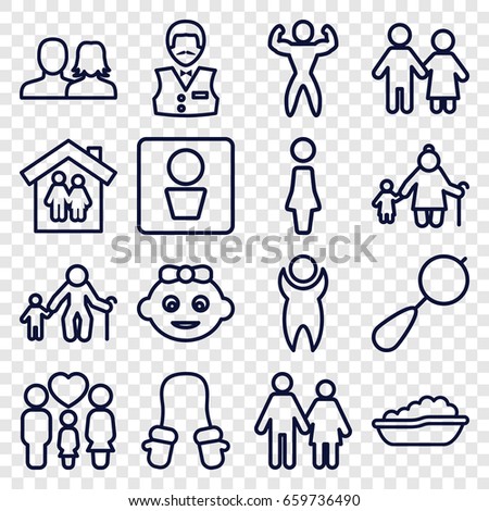 Boy icons set. set of 16 boy outline icons such as man wc, baby girl, beanbag, baby bath, baby mitten, woman, man and woman, casino boy, family, bodybuilder, man, couple