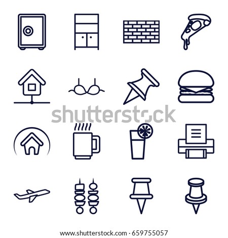 Solid icons set. set of 16 solid outline icons such as wardrobe, bra, pizza, pin, plane, cocktail, kebab, home, printer, mug, burger, safe