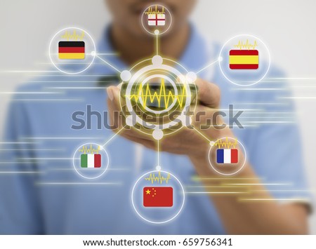 iot, internet of things, translation technology concept, the man holding smart phone and use voice command to translate  from one language  translate to another language 