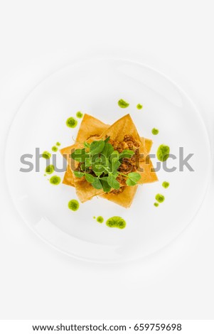 Mexican chicken taco nachos flat lay top view perspective isolated on white background